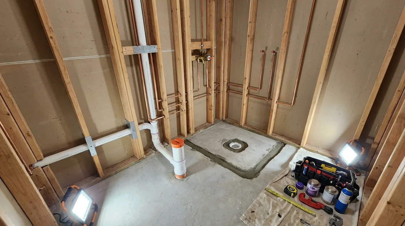 Bathroom rough-in plumbing during remodel by Johns Plumbing LLC in Royersford