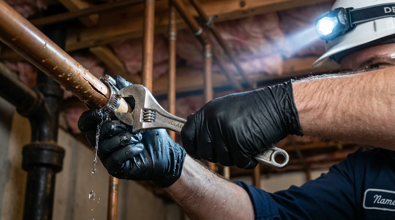 Emergency pipe clamp repair being performed by a Johns Plumbing LLC plumber in Royersford
