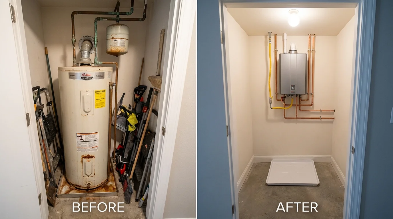 Tank water heater versus wall-mounted tankless unit comparison for Royersford, PA homeowners