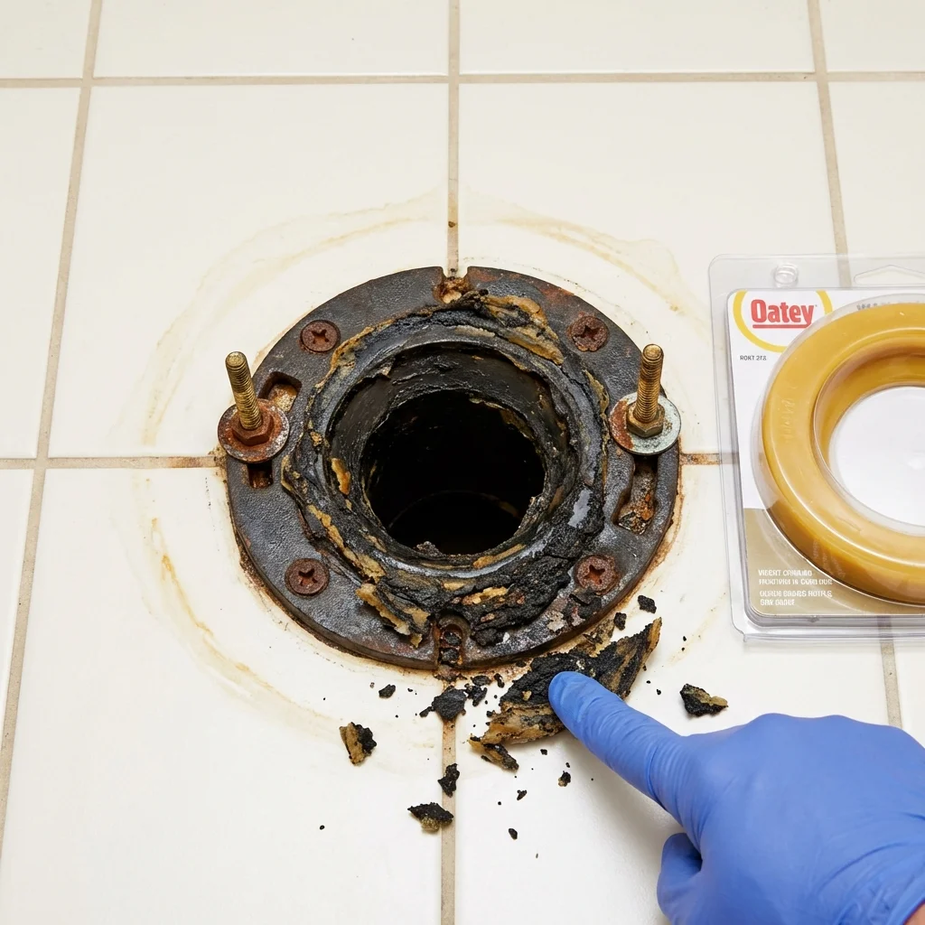 Failed wax ring showing water seepage at the base of a toilet in a Royersford, PA home