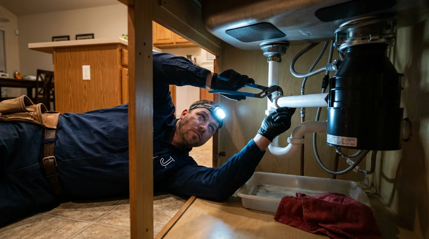 P-trap and supply line connections under a kitchen sink showing a common leak point in Royersford, PA